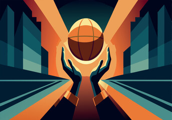 Abstract illustration of hands reaching toward a basketball