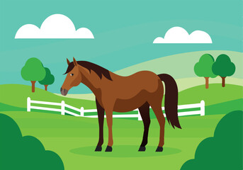 Cartoon horse standing in green countryside with trees and fence