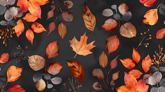 Watercolor autumn leaves seamless pattern on dark gray background. Orange, red, brown maple leaves, eucalyptus branches.
