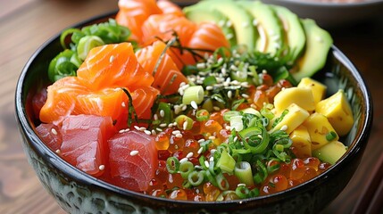 Wall Mural - Salmon topped poke bowl with a variety of colors