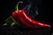 © vachom - A vibrant red chili pepper covered in water droplets, with wisps of smoke curling around it.