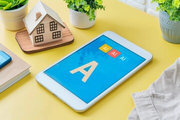 Sticker - AI Digital Interface on Tablet with Business Elements in Bright Office Setting