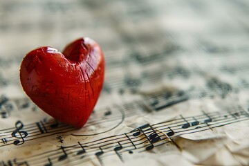A red heart sitting on top of a sheet of music
