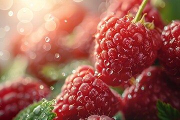 Macro shot of fresh, dew-covered raspberries with a soft-focus background. Raspberry banner. raspberry background.