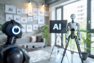 Poster - AI Robot in Modern Office Setting with Digital Interface and Technological Elements