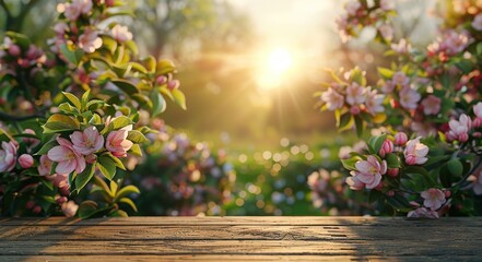 Poster - Wooden Plank Beneath Blooming Trees at Sunset