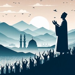 Poster - Islamic hajj pilgrimage concept Eid ul Adha or Umrah for Muslims in Makkah the Holy Place for all Muslims vector illustration for template, IG post, poster, banner and other  generative ai