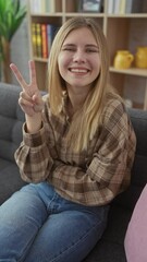 Wall Mural - Vibrant blonde young woman, confident winner, throws a peace sign, cheekily winking. she's sitting on her comfy sofa, grinning ear-to-ear at the camera from her cool indoors apartment!