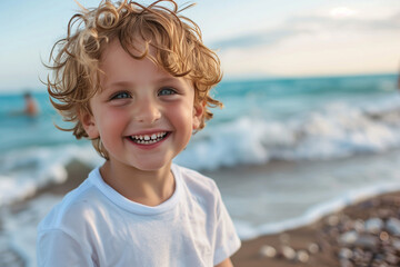 Boy on a beach by the sea on summer vacation trip smiling happily, with abundant copy space, showcasing the excitement of a summer day at the beach