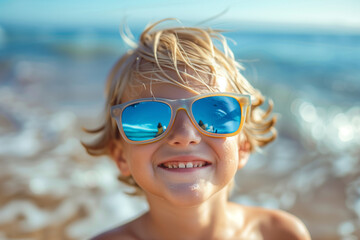 Wall Mural - Boy on a beach by the sea on summer vacation trip full of joy, with clear copy space, beaming with a smile as he plays near the gentle waves