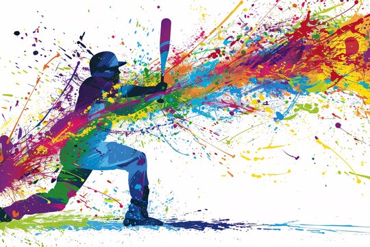 Flat Illustration of A Baseball player in action pose in front of white background. Colorful paint splatters on white background.