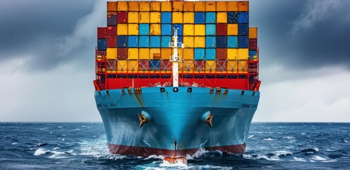 Wall Mural - A blue cargo ship with colorful containers braves choppy ocean waters under a cloudy sky