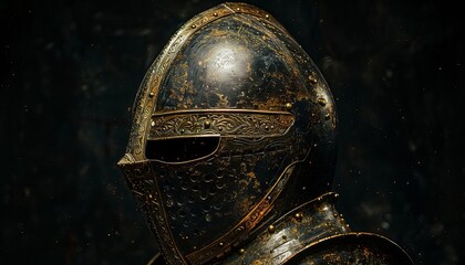 Wall Mural - Medieval helmet with metallic textures, dark background, historical illustration
