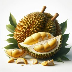 Durian fruit with slices and leaves isolated on white background