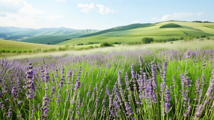 Wall Mural - Elegant summer meadow with lavender flowers and rolling green hills, ideal for copy space for text