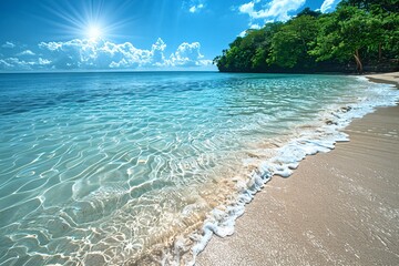 sunny beach scene with clear waters, white sand, dense foliage, and bright sun.