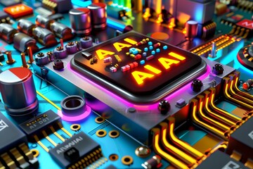 Sticker - AI Chip on Circuit Board with Glowing Elements in Futuristic Design