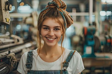 Wall Mural - A woman with a blue shirt and a scarf on her head is smiling. She is in a factory