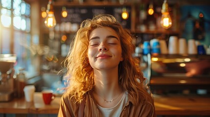 Wall Mural - A woman with red hair is sitting at a table in a coffee shop. She is smiling and she is enjoying her time