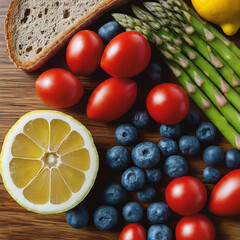 Flat lay of various healthy foods such as fruits, vegetables and grains neatly arranged on a wooden table. This image is perfect for culinary blogs, restaurant advertisements and projects related to a