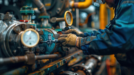 Wall Mural - Close-up of an engineer's hands adjusting industrial machinery in a factory, highlighting precision and expertise.