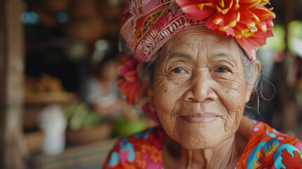 A close-up portrait of an elderly woman smiling, wearing a colorful flower-adorned hat and traditional attire.