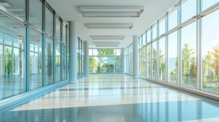Wall Mural - Interior of a modern office building with an empty hall and open space office featuring panoramic windows and lovely lighting