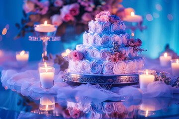 Wedding cake with candles and flowers on display at event