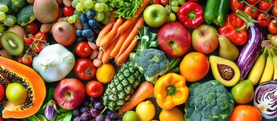 Colorful assortment of fresh and ripe fruits and veggies.