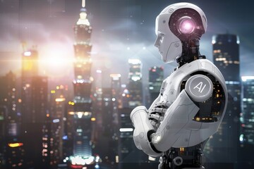 Poster - AI Robot Overlooking Cityscape with Digital Interface in Night Setting