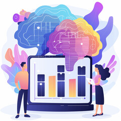 Wall Mural - A man and a woman are standing in front of a computer monitor with a brain on it. The brain is surrounded by colorful lines and shapes, and the man and woman are looking at the monitor