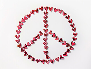 Wall Mural - peace sign made of hundreds of red hearts, white background 