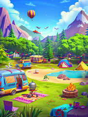 Wall Mural - cartoon version of the camp site in the forest, a tend and mat at front ground, grill and brazier at front ground, a table and chairs at mid ground