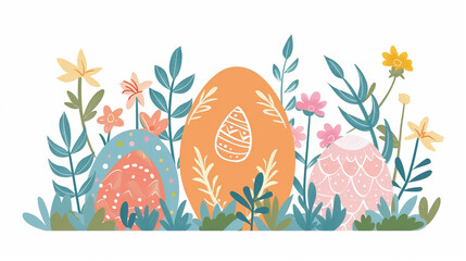 Canvas Print - Create a simple flat vector illustration for Easter banner with plain color eggs and flowers