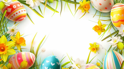 Sticker - Splash, with 3D colorful Easter eggs and daffodil flowers + blades of grass forming a frame on a white background