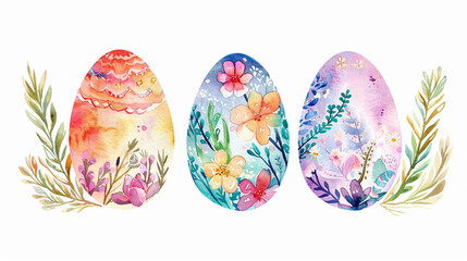 Canvas Print - watercolor painting set of easter eggs compositions with flowers on white background Easter white background pastel color