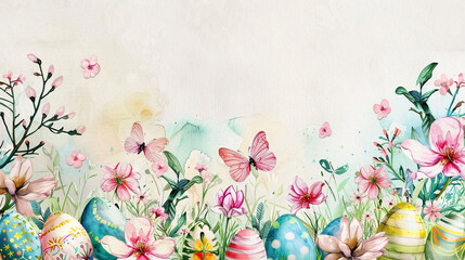 Canvas Print - watercolor spring flowers and colorful easter eggs frame in pastel colors on old scrapboo