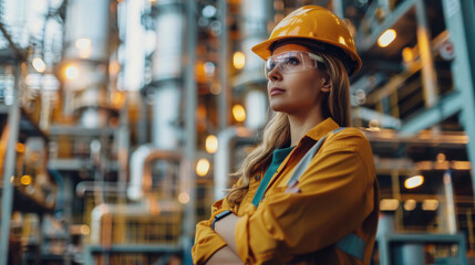 Female engineer wearing safety gear and hard hat, overseeing operations in an industrial plant, ensuring safety and efficiency.