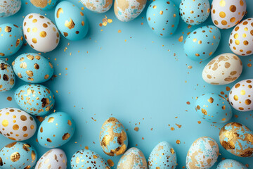 Wall Mural - top view, light solid background, frame from painted eggs blue and golden colors, easter concept, studio light