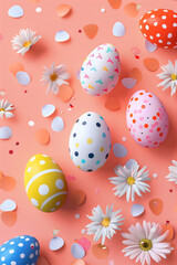 Wall Mural - vector illustration for Easter celebration with easter eggs decorated on a flat lay pastel color background