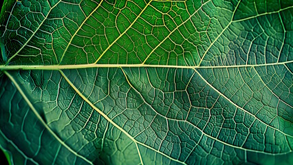 Wall Mural - Close up, Green leaf texture with visible veins.