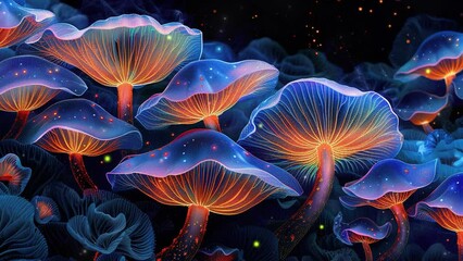 Wall Mural - Glowing mushrooms on bark with fireflies in forest. Magical mushroom. Colorful fantasy magic mushrooms. 4K Videos