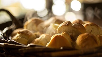 Wall Mural - Close-up of a basket of fresh bread rolls, steamy and buttered, no humans, family dining atmosphere, soft focus 