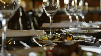 Poster - Close-up of a business lunch setting, elegant steak dish, polished silverware, no humans, professional ambiance