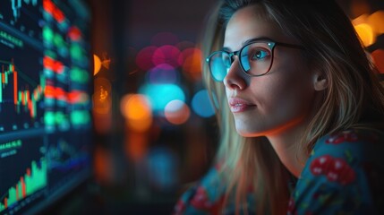 Wall Mural - Professional female broker analyzing data on her computer for stock market account management