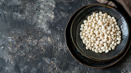 Wall Mural - Plate of white beans on dark textured surface