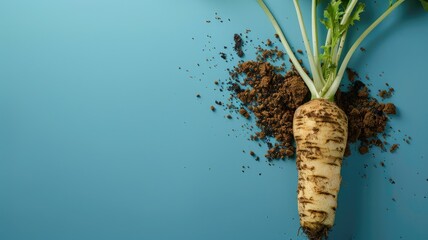Canvas Print - Fresh parsnip with greens surrounded by soil