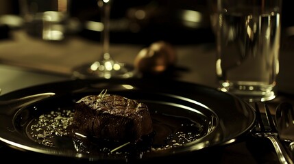 Canvas Print - Close-up of a business lunch setting, elegant steak dish, polished silverware, no humans, professional ambiance