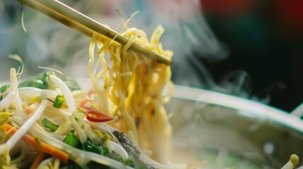 Wall Mural - Macro view of an Asian street food stall's noodle bowl, chopsticks lifting noodles, no humans, vibrant ingredients 