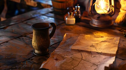 Wall Mural - Close-up of a pirate-themed restaurant table with a treasure map, wooden mug, and weathered wood decor, lantern light. 